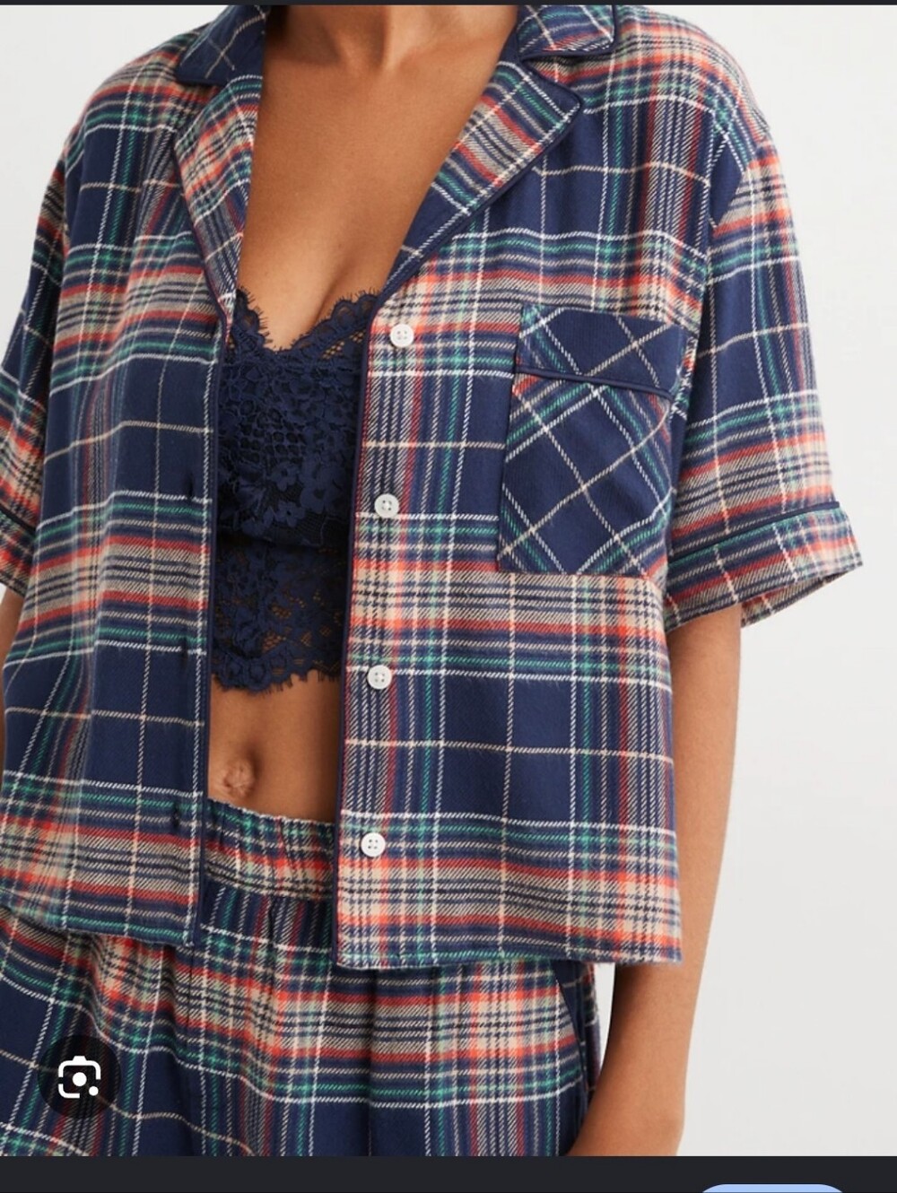 Aerie Navy Blue Plaid Button Down PJ Pajama Top Lounge XXL
